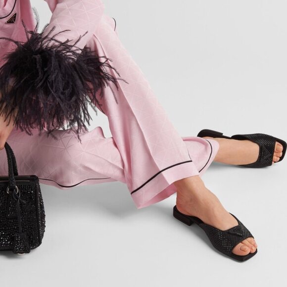 NWT Prada Slide Sandals Black Satin Crystal Embellishment Allover Triangle Logo - Picture 2 of 12